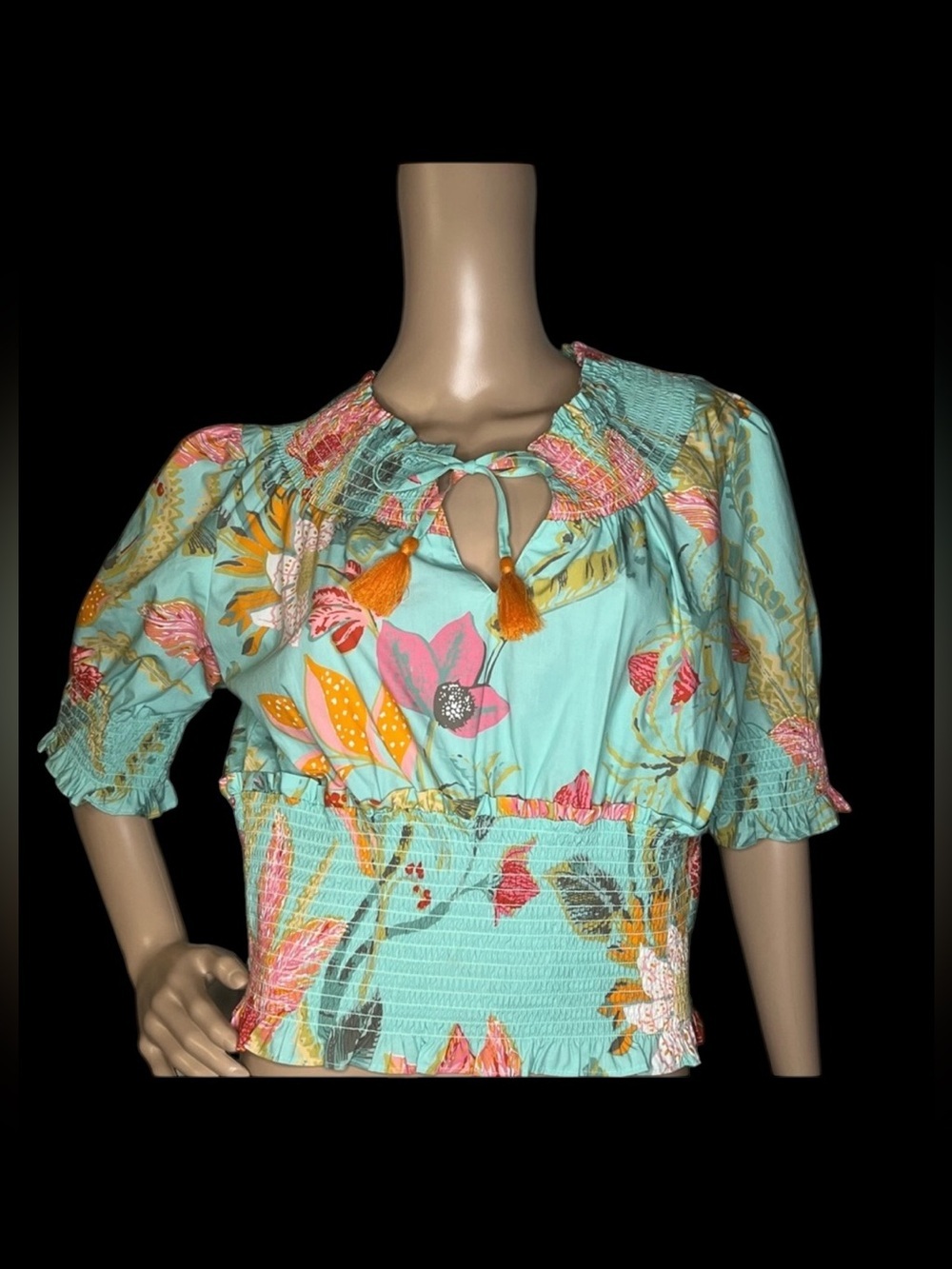 Spartina 449 Floral Smocked Peasant Top with Aqua Pink Orange size medium